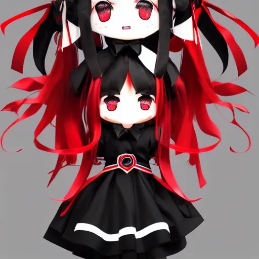 Image similar to cute fumo plush of a gothic maiden in a black and red gold lined uniform, laces and ribbons, soft shadow, anime girl, vray, symmetry