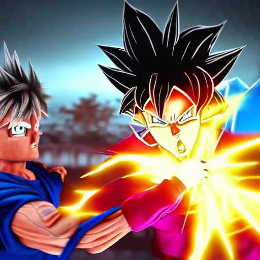 Prompt: shaggy fighting goku in a hyperealitic style, unreal engine, aerial photography, 4 k, artstation