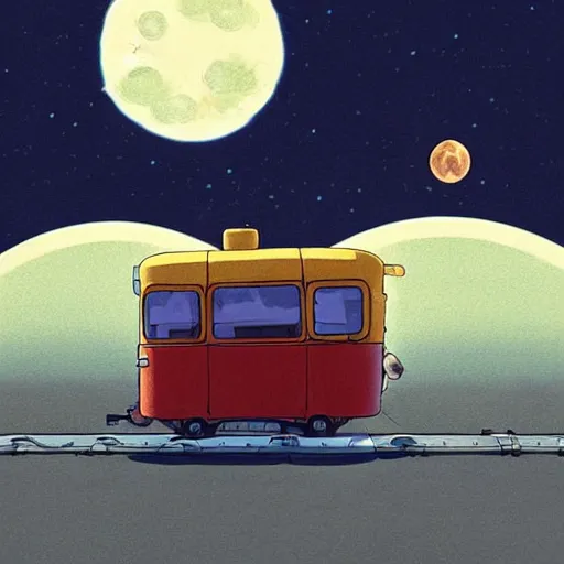 Prompt: a study of cell shaded cartoon caterpillar train from howl's moving castle ( 2 0 0 4 ) on a desert road, in front of a big moon, full body, wide shot, very muted colors, post grunge, studio ghibli, laurie greasley, highly detailed, deviantart, art by artgem