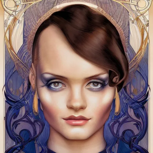 Image similar to an art nouveau, ( streamline moderne ), multi - racial portrait in the style of anna dittmann and donato giancola and chanthara. very large, clear, expressive, and intelligent eyes. centered, ultrasharp focus, dramatic lighting, photorealistic digital matte painting, intricate symmetrical ultra detailed background.