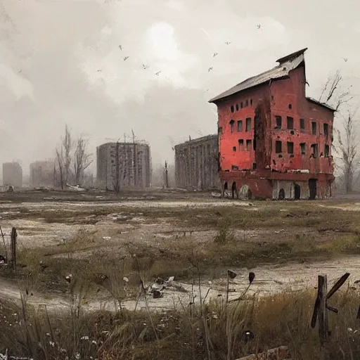 Image similar to painting by jakub rozalski of post abandoned soviet city