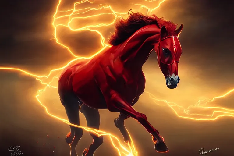 Image similar to a stunning digital painting of a horse as the flash in spandex costume, running in the speedforce by greg rutkowski, volumetric light, digital art, fine detail, photorealistic