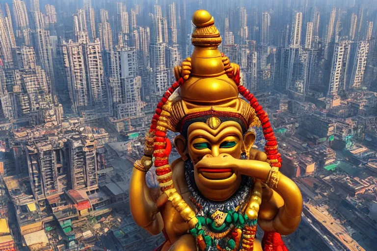 Image similar to high quality 3 d cyberpunk biomorphic hanuman head building in the middle of mumbai!!, kalighat highly detailed, cinematic smooth, stephen shore & john j. park, soft morning light, wide shot, high angle, uhd 8 k, deep focus