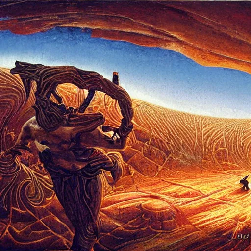 Image similar to A fresco painting of a nomadic wanderer traversing a corrupted futuristic crystal desert by Jacek Yurka, Kelly Freas