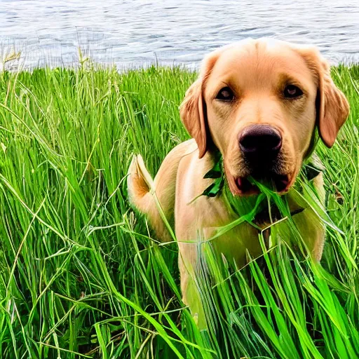 Prompt: a green labrador retriever with shaggy green fur and a glowing yellow eye in between its eyes bounding through a lush sea of deep grass