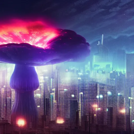 Image similar to digital matte painting of a large and dramatic nuclear mushroom cloud above a urban cyberpunk nighttime city skyline, vaporwave