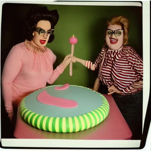 Prompt: 1976 two curvy women in a vintage kitchen baking a cake wearing an inflatable long prosthetic snout nose made of gooey green slime, soft color wearing stripes sitting on chairs covered in soft fabric, pink slime everywhere, grey striped walls, studio lighting 1976 color film archival footage holding a hand puppet that looks like Porky Pig, 16mm Russ Meyer John Waters Almodovar Doris Wishman