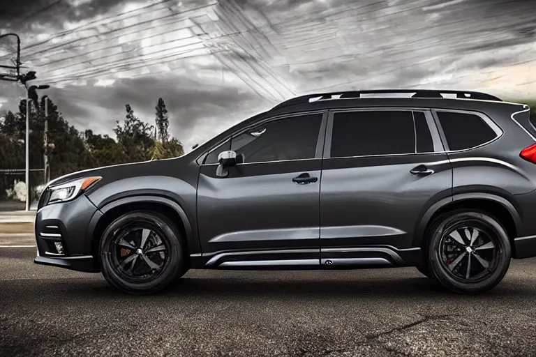 Image similar to a car and driver magazine photo shot, a souped up dark grey 2019 Subaru ascent heavily modified and customized as a performance tune street racing SUV, black rims, green trim accent, samurai vinyl wrap, cinematic lighting, art station, volumetric light, low angle camera, redshift render, octane render, art station