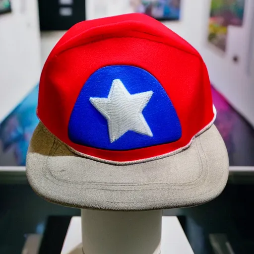 Prompt: A realistic image of Super Mario's hat in a museum, ultra high detail, 8k.