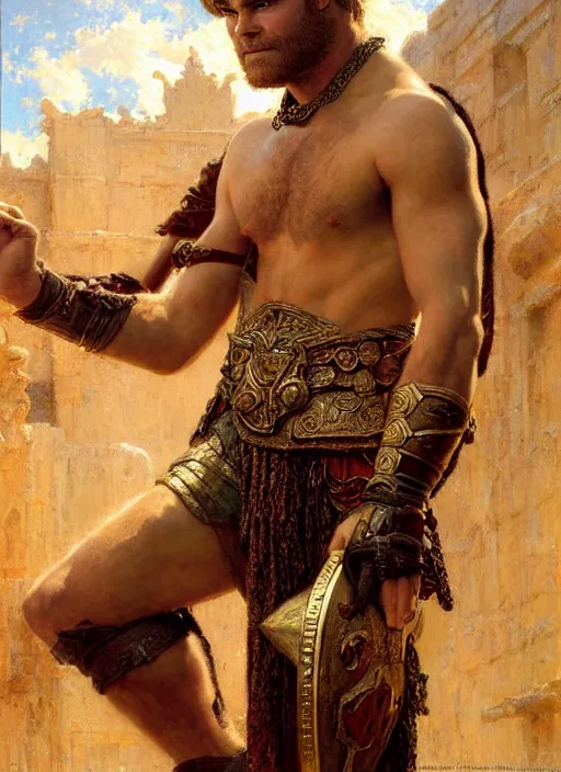 Image similar to gladiator chris pine, roman baths painting by gaston bussiere, craig mullins, j. c. leyendecker