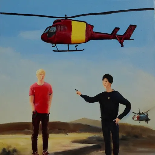 Prompt: painting of blonde swedish guy and tall korean guy in front or robinson helicopter