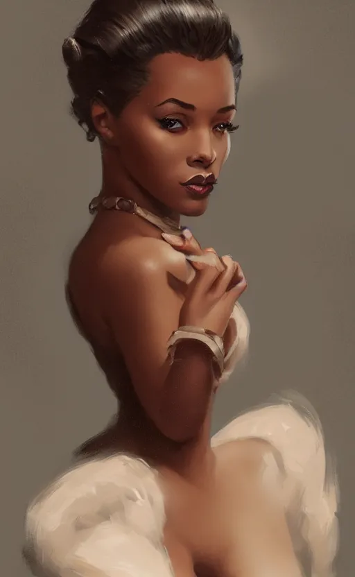 Image similar to a portrait of an attractive young Black female, clothed like a 1940s femme fatale, intricate, elegant, highly detailed, digital painting, film noir lighting, trending on artstation, concept art, smooth, sharp focus, illustration, art by artgerm and greg rutkowski and alphonse mucha