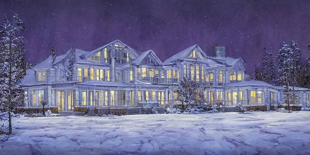Prompt: a glass modern architecture mansion frozen snow alaska night james gurney digital art