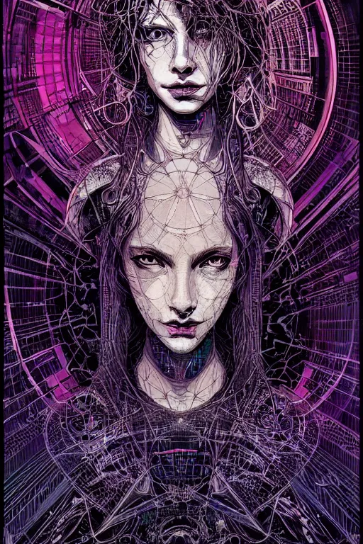 Image similar to dreamy cyberpunk girl, abstract mirrors, digital nodes, beautiful woman, detailed acrylic, grunge, intricate complexity, by dan mumford and by alberto giacometti, arthur rackham