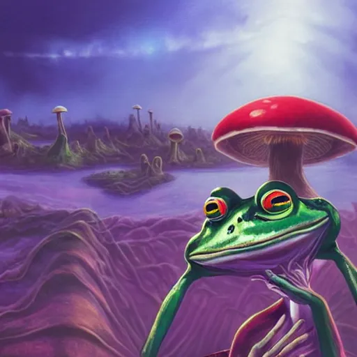 Prompt: A close up portrait of a horrifying psychedelic godlike anthropomorphic frog smoking an anime blunt , magic mushroom village in background . award winning. superb resolution. in the art style of junji Ito and greg rutkowski . Detailed Mushroom city in background. Hyper realistic anime. Perfect art. Dalle2