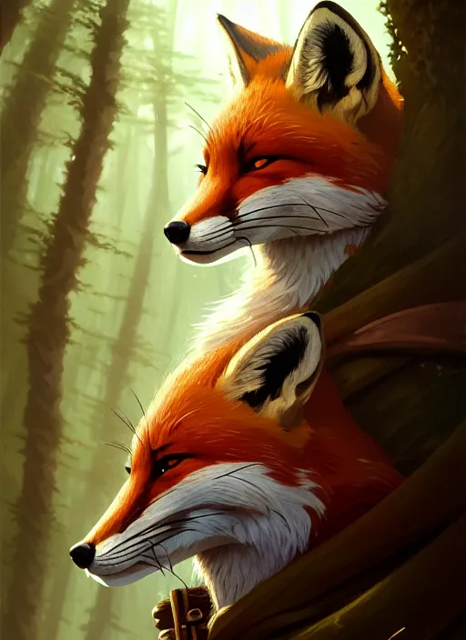 Image similar to a film still portrait of a fox rogue, finely detailed features, cinematic lighting, perfect art, brian jacques redwall woodland, forest, intricate, artstation, trending on pixiv fanbox, painted by brian jacques greg rutkowski, studio ghibli, fantasy, 4 k