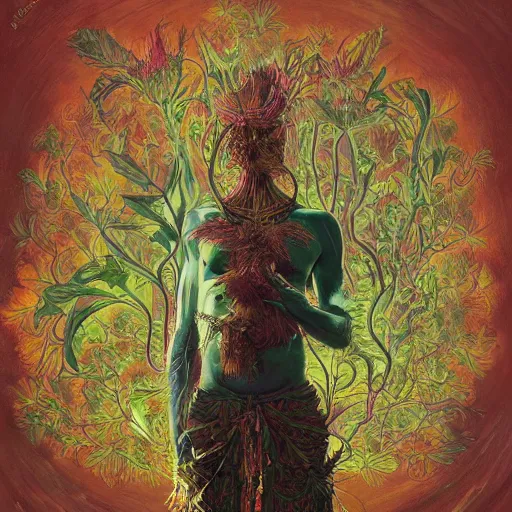 Image similar to Psychedelic Physique Portrait of a Shaman Guy wearing an ivy costume plant disguised as a human standing atop a red clay pot greg rutkowski jen bartel peter mohrbacher anna podedworna arthur rackham salvador dali octavio ocampo jacek yerka winslow homer norman rockwell uta natsume prismacolor tombow quill