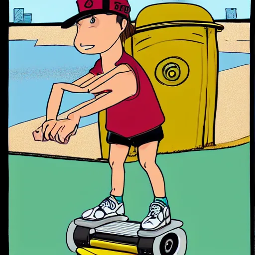 Prompt: a dodo wearing street clothes, a backwards ballcap and gold chain around its neck, on a hover board at a skate park at the beach, 1990s cartoon, anime style