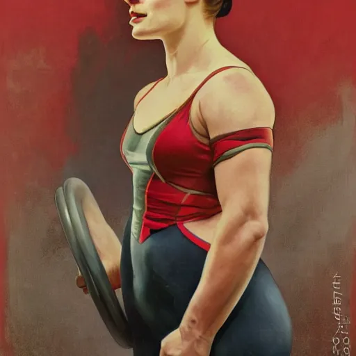 Image similar to socialist realism propaganda poster of margot robbie as beautiful female weightlifter, portrait, profile picture, socialist realism, highly detailed, intricate, digital painting, artstation, sharp focus, illustration, art by jakub rozalski, greg rutkowski, artgerm, tan zi and ayanamikodon and alphonse mucha and wlop