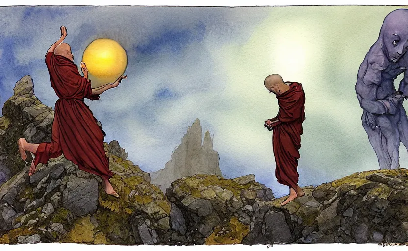 Image similar to a hyperrealist watercolour concept art of a monk and a grey alien levitating a huge rock in the air over his head. it is a misty night on the moors of ireland. by rebecca guay, michael kaluta, charles vess and jean moebius giraud. high detail, hq