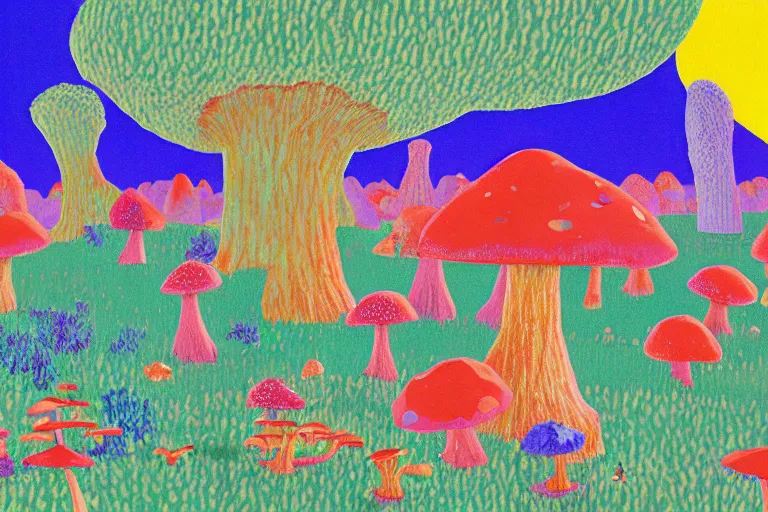 Image similar to a crystal and mushroom ridden world, extinct species, epic land formations, detailed, wide shot, created by david hockney. - h 4 0 0