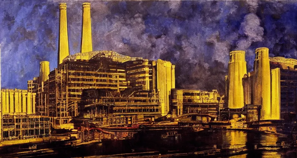 Image similar to battersea power station, highly detailed, dramatic lighting, intense shadows, rich deep colours, by roy lichtenstein