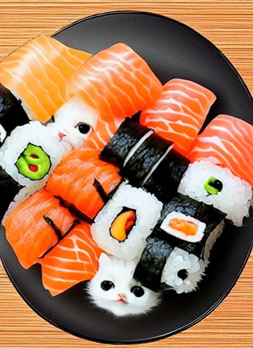 Image similar to clear photorealistic picture of adorable cats made out of sushi