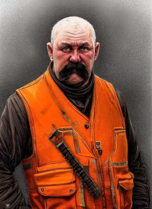 Image similar to a russian railroad electrician!!!, male!!, wearing orange vest!!, siberia!!, portrait, dirty, fat, ugly, intricate, elegant, highly detailed, digital painting, artstation, concept art, wallpaper, smooth, sharp focus, illustration, art by artgerm and greg rutkowski and alphonse mucha