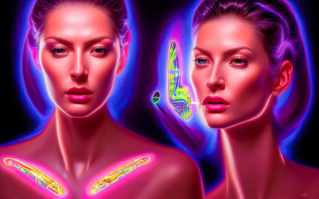 Image similar to beauty woman in holograms of alien artifacts, electrical case display, total recall tech, , ultrarealistic, dramatic lighting, electrical details, high details, 4k, 8k, best, accurate, trending on artstation, artstation, photorealism, ultrarealistic, digital painting, style of Alex Grey and Hajime Sorayama, Caravaggio, Boris Vallejo