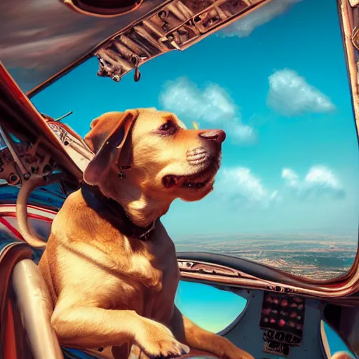 Prompt: photorealistic dog in a biplane. hyperdetailed photorealism, 1 0 8 megapixels, amazing depth, glowing rich colors, powerful imagery, psychedelic overtones, 3 d finalrender, 3 d shading, cinematic lighting, artstation concept art