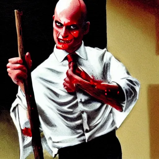 Image similar to Bald Patrick Bateman from American Psycho (2000) swinging an ax in with his hands while wearing a poncho covered in blood, photorealistic, high quality