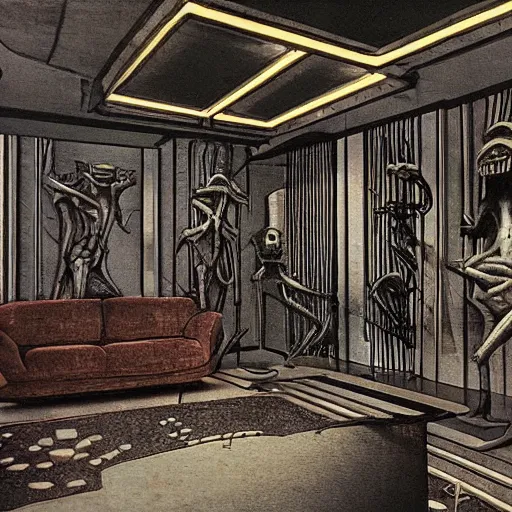 Image similar to bachelor pad with interior design by h. r. giger