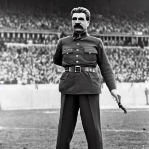 Image similar to stalin stands at the gate on the football field and catches the ball, photo of stalin at the stadium