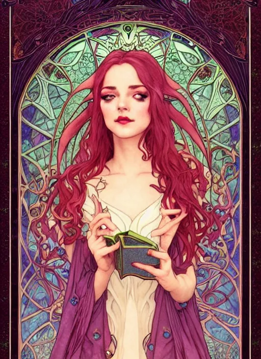 Image similar to fantastic portrait of a beautiftul witch aside a fire magic book, royally decorated crystal gemstones, symmetrical face, art nouveau, portrait, cute, fairy, by artgerm, kelly mckernan, charlie bowater, alphonse mucha, detailed background, artstation, intricate, elegant, highly detailed