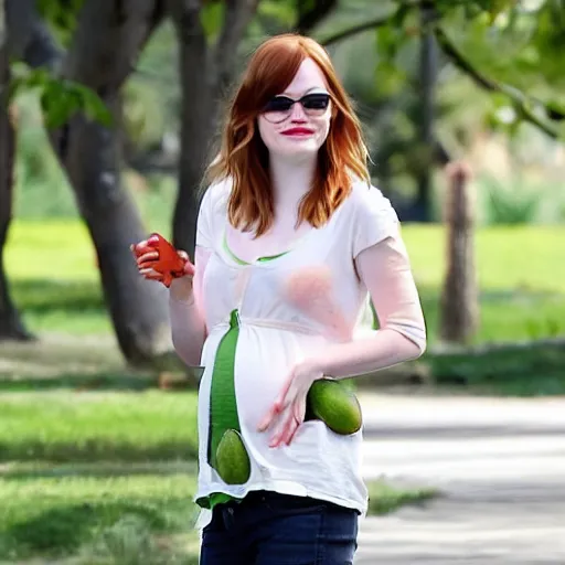 Image similar to emma stone is pregnant, standing in the park feeding ducks avacados