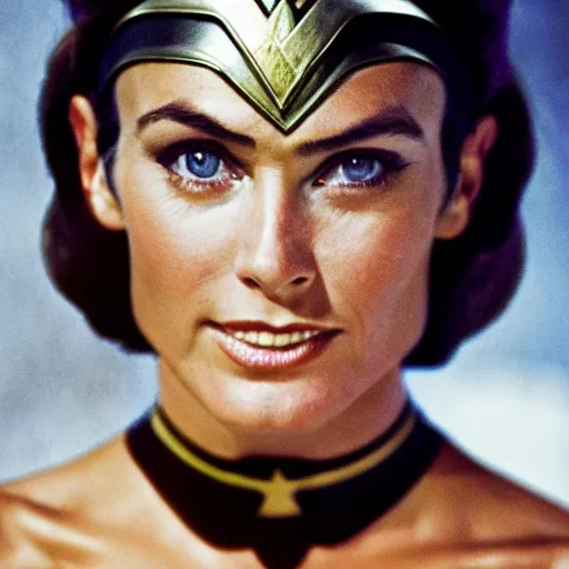 Image similar to young martine beswick as wonder woman, photorealistic, color photograph in the style of annie leibovitz - h 6 4 0