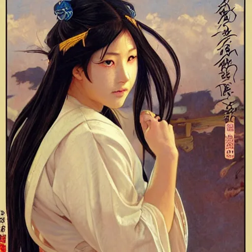 Prompt: tenko chabashira!!!!!!, a japanese girl with long black hair in loose braids and a blue seifuku, portrait by artgerm, greg rutkowski and alphonse mucha, absolutely gorgeous, aikido, very dynamic action shot, athletic