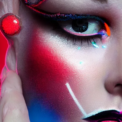 Image similar to A close-up of a beautiful girl with a surreal makeup reminding the swiss flag, octane render, bokeh, cyberpunk vibes, neons on the background