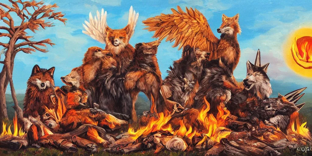 Image similar to old west theme, animals (eagle, bear, wolf and two foxes) sitting around campfire telling stories, oil paint on canvas