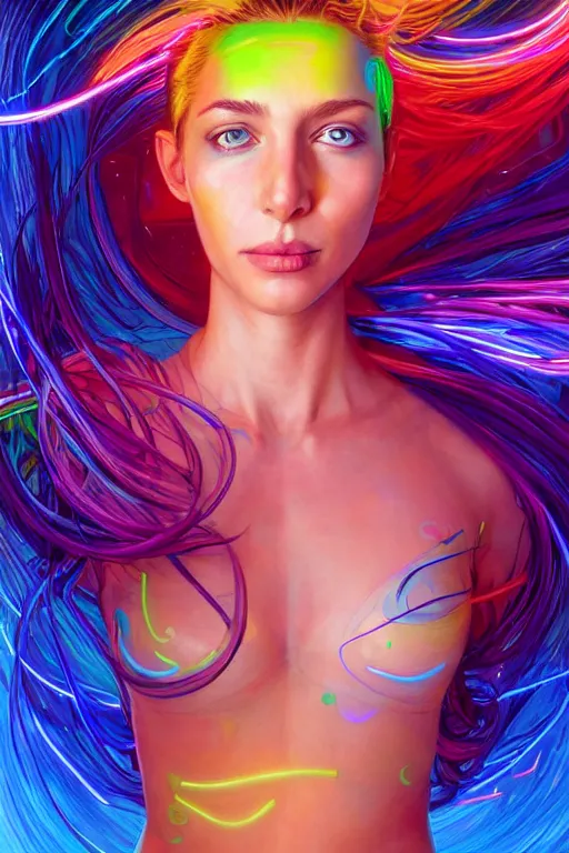 Prompt: a award winning half body portrait of a beautiful woman with stunning eyes in a croptop and cargo pants with rainbow colored hair, outlined by whirling illuminated neon lines and fine lines swirling in circles by jesper ejsing, rhads, makoto, shinkai, lois van baarle, digital art, trending on artstation