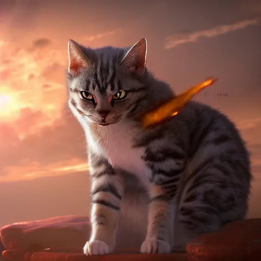 Image similar to cat - goku hybrid, genkidama, golden hour, fantasy, sharp focus, digital art, hyper realistic, 4 k, unreal engine, highly detailed, hd, dramatic lighting by brom, trending on artstation, new cats movie