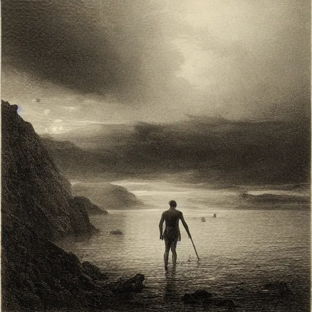 Image similar to an engraving of man in shorts standing in a shallow river by gustave dore, caspar david friedrich, foggy, depth, strong shadows, stormclouds, illuminated focal point, highly detailed