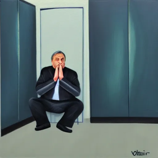 Image similar to viktor orban meditating in a cubicle, oil painting