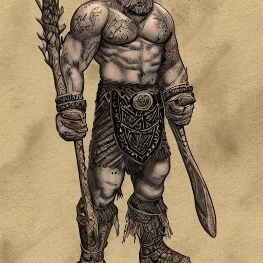 Image similar to frost giant, with a two handed axe, tribal tattoos, very muscular, large fists, fantasy, d & d, intricate, detailed 4 k, by viktor antonov, trending on artstation, smooth, sharp focus