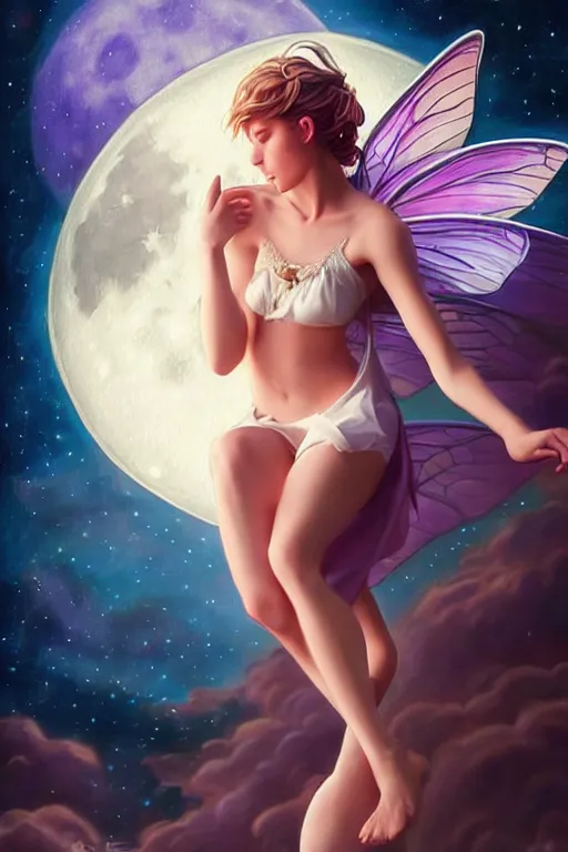 Image similar to attractive fairy magically floating high in the night, fantasy, full moon in background. highly detailed painting by artgerm, mid shot, 8 k