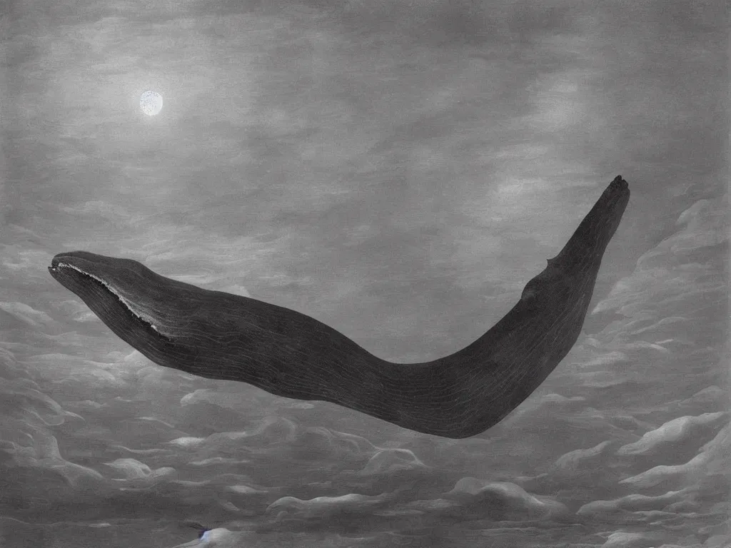 Prompt: whale body made of transparent glass with visible sanguine system floating over the dark city. painting by karl blossfeldt, agnes pelton, rene magritte, walton ford, caspar david friedrich