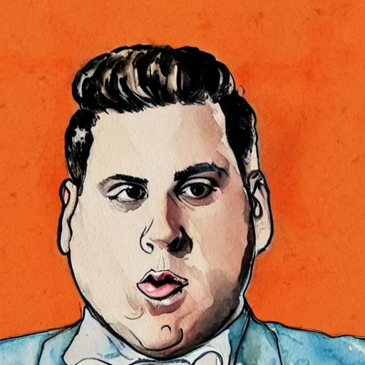 Image similar to jonah hill, stylized. Watercolor and ink. 1950s.