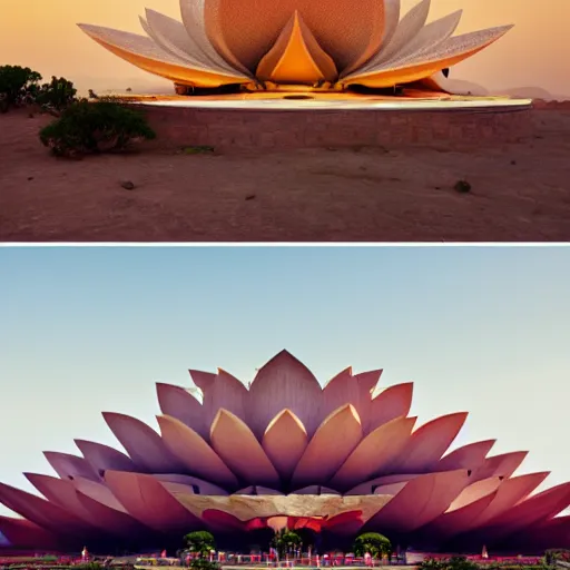 Image similar to futuristic lotus fractal temple with gold, red and white marble panels, in the desert, by buckminster fuller and syd mead, intricate contemporary architecture, photo journalism, photography, cinematic, national geographic photoshoot