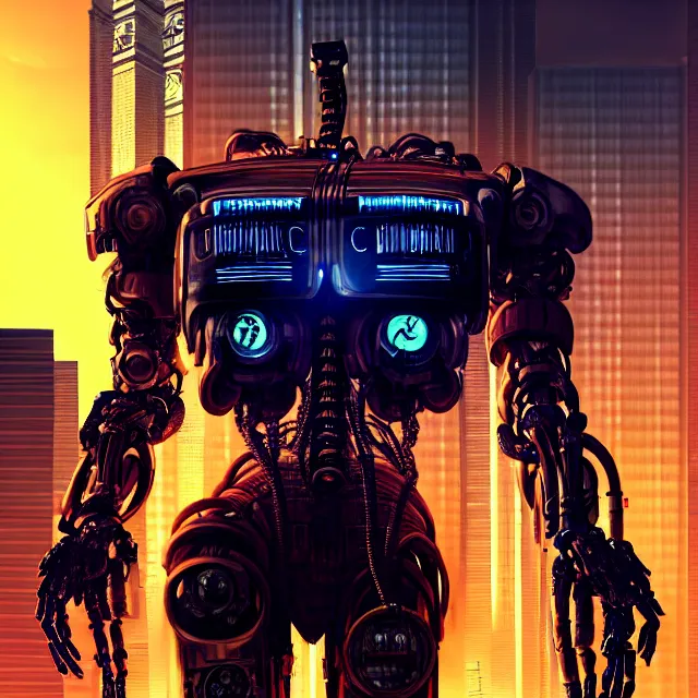 Prompt: Beautiful portrait 3d render of the cyberpunk terminator illuminati robot, centered face, portrait, atmospheric lighting, painted, intricate, volumetric lighting, beautiful, rich deep colours masterpiece, sharp focus, ultra detailed, in the style of Dan Mumford and marc simonetti, with a crowded futuristic cyberpunk city in the background, astrophotgraphy