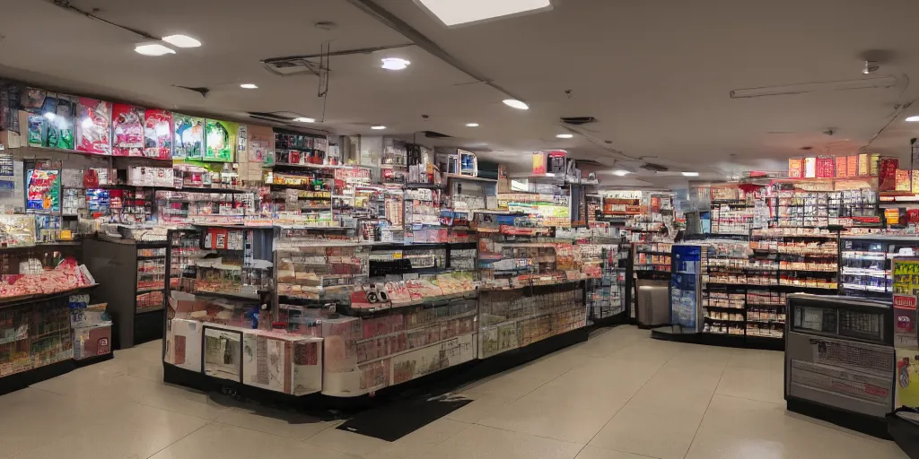 Prompt: interior of a japanese convenient store after midnight, large windows with a view of a parking lot, grey interior, low lights, old television with static noise in the pathway, creepy atmosphere, desolate, cinematic, cyberpunk, 8 k, trending on artstation